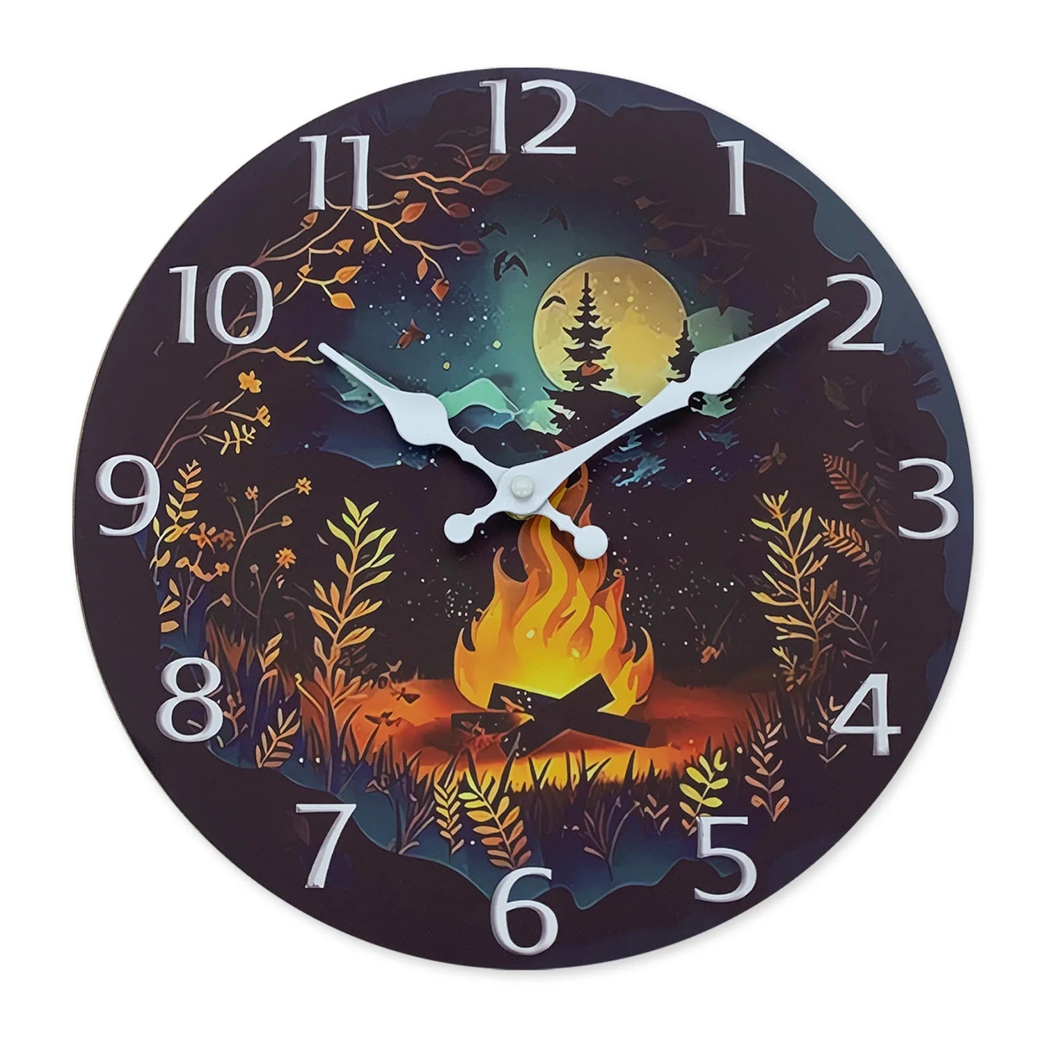 Horloge murale en bois à motif de feu de camp de forêt